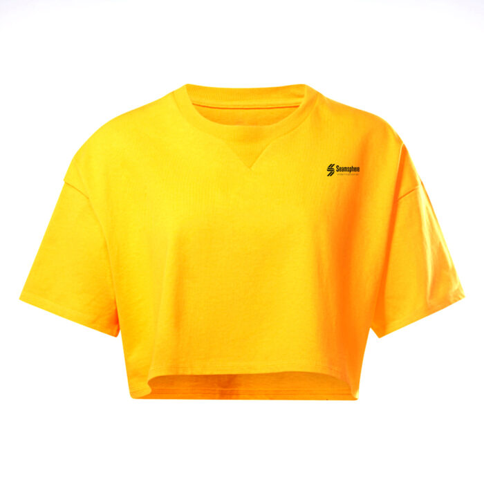 Yellow Crop top with a distinctive seamsphere international black logo on the front.