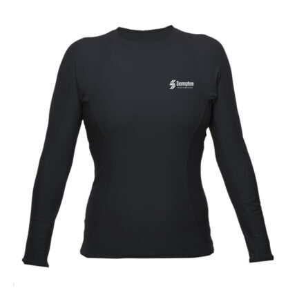 Black rash guard with a distinctive Seamsphere International logo in white on the front.
